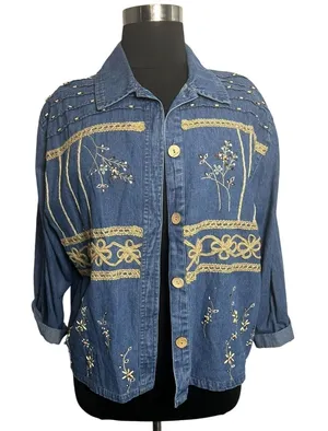 Tantrums Jacket Women XL Blue Good Vintage‎ Embroidered Beaded Denim Retro thumbnail 1