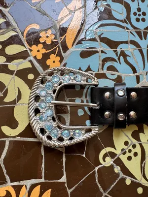 Studded Black Faux Leather Belt with Decorative Accent Buckle Sz: M thumbnail 4