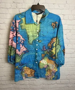C.O.Z.Y map printed bright pastel novelty button down unisex top New thumbnail 1