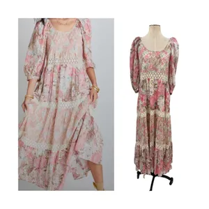 LoveShackFancy Evren Floral Lace Trim Puff Sleeve Cotton Maxi Dress Pink Small thumbnail 2