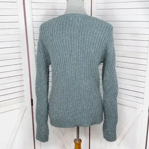 Nine West Scalloped Sleeve‎ Sequin Shimmer Sweater Sage Green Silver XS thumbnail 4