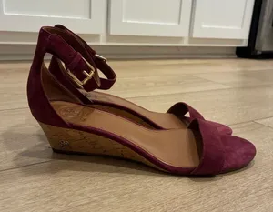 Tory Burch Women’s Savannah Sandals Suede Wedge Heel Purple Size 8 thumbnail 1