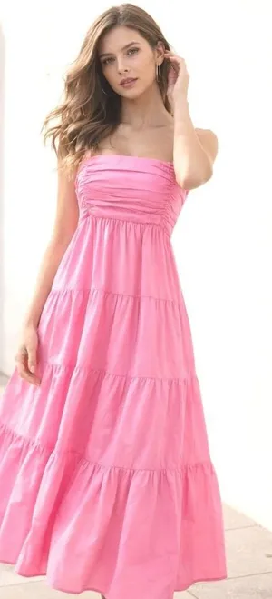 Zara Pink Poplin Cotton Ruched Tiered Maxi Dress Smocked Back Womens Size Medium thumbnail 1