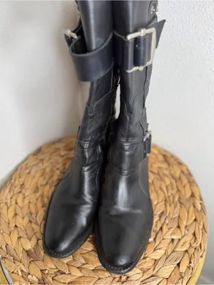 Vera Wang Boots lavender Moto boot Classic Black Leather Mid-Calf Buckle Heeled thumbnail 3