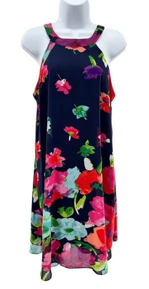 Betsey Johnson Floral Dress Size 8 Sleeveless Navy A-Line High‎ Neck Summer thumbnail 1