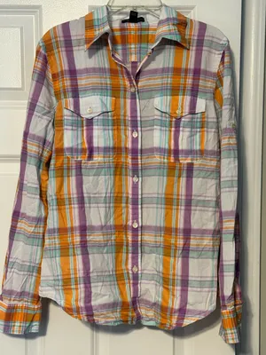 Lauren Ralph Lauren Roll-tab Button Down Purple Orange Mint Plaid Camp Shirt XS thumbnail 1