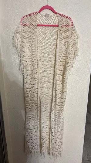Cream Crochet fringe Kimono Cardigan size small thumbnail 1
