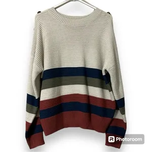 eesome women's size med/large drop shoulder striped pullover cream sweater thumbnail 11
