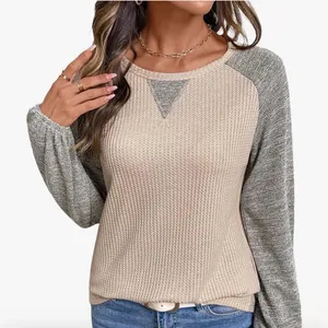 NEW Waffle Knit Tops Casual Crewneck Contrast Long Sleeve Shirt Loose Pullover M thumbnail 1