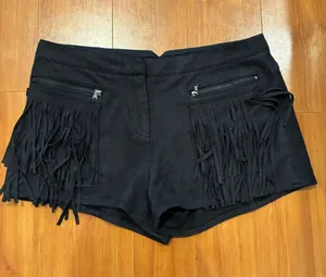 FATE faux suede Black Fringe Zip Pocket Women's Shorts thumbnail 1