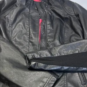 Black Faux Leather Jacket with Pink Lining Size L thumbnail 7