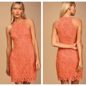 Lulus‎ Love Poem bright coral orange lace mini dress, size S, NWT thumbnail 10