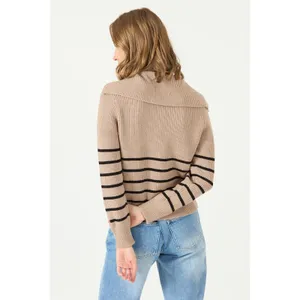 Cyrus Women's Sz Medium Sweater Oversized Collar Tan Black Stripes Henley Button thumbnail 2