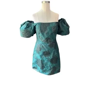Altar'd State Skylar Emerald Green Floral Jacquard Puff Sleeve Mini Dress NWT M thumbnail 4