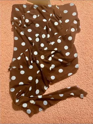 Polka Dot Brown Crop Top with Light Blue Dots Strapless Ruffles Y2K thumbnail 1