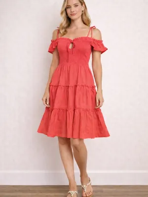 Mi ami Coral Red Off-Shoulder Tiered Midi Skirt thumbnail 5