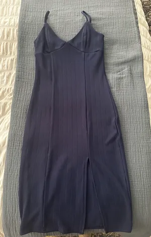Navy Blue Bodycon Midi Dress with Slit thumbnail 1