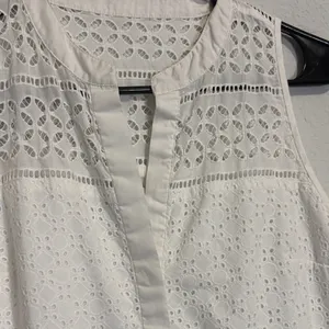 LOFT White Eyelet lace Sleeveless Mini Dress 4 with split v neck thumbnail 4