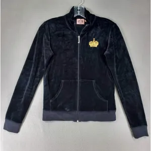 Vintage Y2K Juicy Couture Size M Black Velour Zip Track Jacket Big Logo Full Zip thumbnail 1