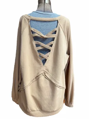 POL French terry pullover sweatshirt crisscross strappy open-back raw hem detail thumbnail 5