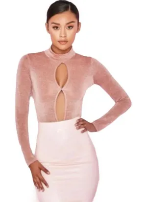 House of CB Bodysuit Sz S Concha Pink Metallic Keyhole Mock Neck‎ Long Sleeve thumbnail 1