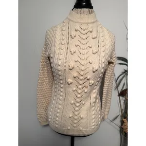 Sézane La Maille Wool Pom Pom Pointelle Cable Knit Sweater Cream XS Mock Neck‎ thumbnail 2