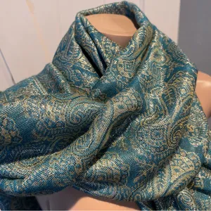 Pashmina Silk blend fringe Elegant Blue and Gold Paisley Scarf wrap shawl 70’ thumbnail 8