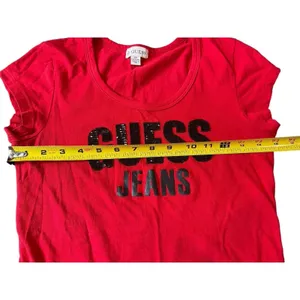 VTG 90s 2000s Y2K Red Cap Sleeve Guess Embellished Beaded Logo Tee Top S thumbnail 7