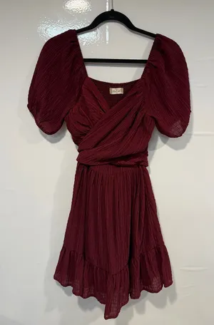 Women's Altar’d State Burgundy Puff-Sleeve Wrap Dress thumbnail 1