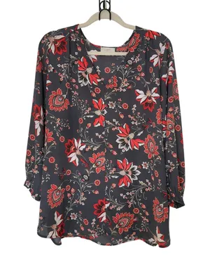 LOFT XL V Neck 3/4 Sleeve Floral Boho Cottagecore Whimsigoth Blouse thumbnail 1
