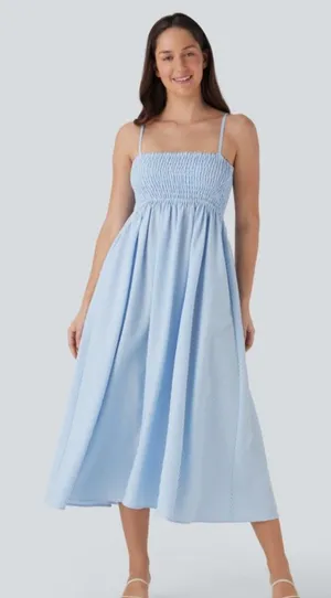 NWOT Halara Blue and White Shirred Stripe Midi Slip Dress thumbnail 1
