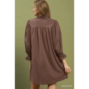 Umgee Textured Puff Sleeve Mini Dress - Chocolate - Small thumbnail 3