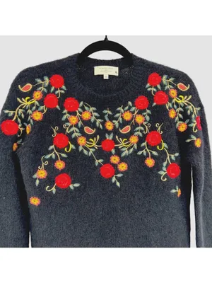 Sézane La Maille Black Sweater Floral Embroidery Size XS Cottage Folk Nouveau thumbnail 2