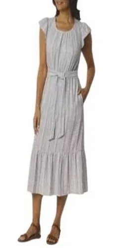 BRIGGS Linen Blend Midi Dress L Blue Striped Flutter Sleeve Belted NWT Coastal thumbnail 1