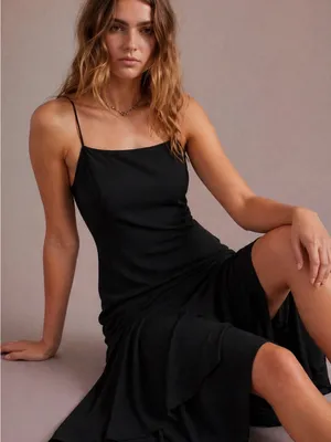 🌺 Urban Outfitters Black Slip Dress XS 0-2 Sheer Hem Layered Minimalist NWT thumbnail 1