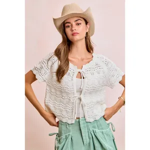 BiBi Front Bow Tie Detail Pointelle Knit Top - Ivory - XL thumbnail 7