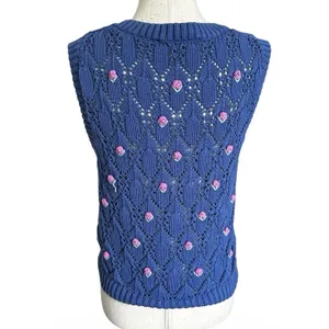 Zara Blue Knit V-neck Size Medium Vest Top Flowers Sleeveless Cotton | 14-33 thumbnail 2