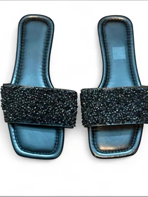 Black Rhinestone Slide Sandals • Glam Sparkle Flats • Size 40 (US 9–9.5) thumbnail 2