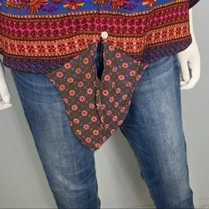 New Direction Boho Floral Button Front Tie Hem Top Pink Purple Print Size L thumbnail 3