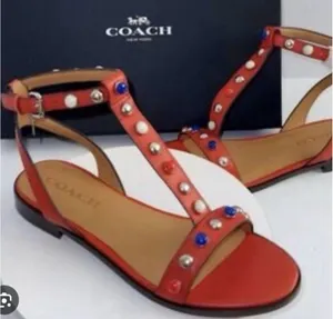 Coach Sadie Semi Black Calf Studded Sandals Size 6.5 Deep Coral T Strap thumbnail 1