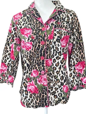 Nick & Nora Leopard Print Pajama Top with Pink Roses thumbnail 1