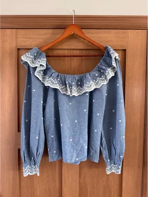 Sézane Embroidered Francesca Blouse Blue Chambray Women’s size 36 US 4 Small thumbnail 4