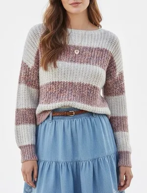 Gilli Striped Popcorn Knit Boat Neck Sweater White Multicolor Boho Size M thumbnail 1