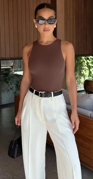 Reoria Sleeveless Racer Back Halter Neck Bodysuit Size L Brown Layer Fall Basic Size L thumbnail 1