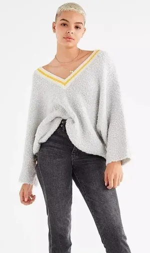 URBAN OUTFITTERS | Gray Yellow Wool Blend Alex Cozy Textured Dolman Sweater,‎ S thumbnail 1