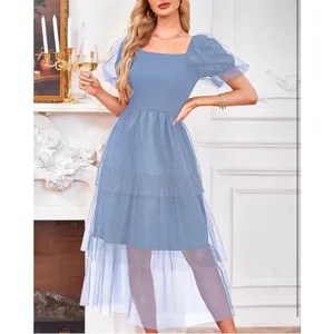 NEW Blue Smocked Tulle Polka Dots Poof Sleeves Midi Dress XL thumbnail 3