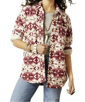 New NWT $85 Womens NWT S Ariat Fillmore Shirt Jacket Red Cream White Warm Button thumbnail 1