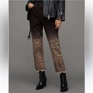 All Saints Gray Leopard Print Jeans 27 High rise Straight Leg Denim Cropped Rock thumbnail 3