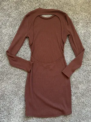 Ribbed Long-Sleeve Cutout Dress in Brown thumbnail 1