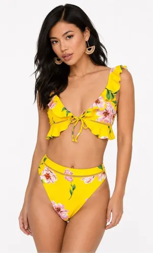 Tobi Yellow Floral Ruffle Bikini Set Women’s Small Tie Front High Cut Boho Pool thumbnail 1